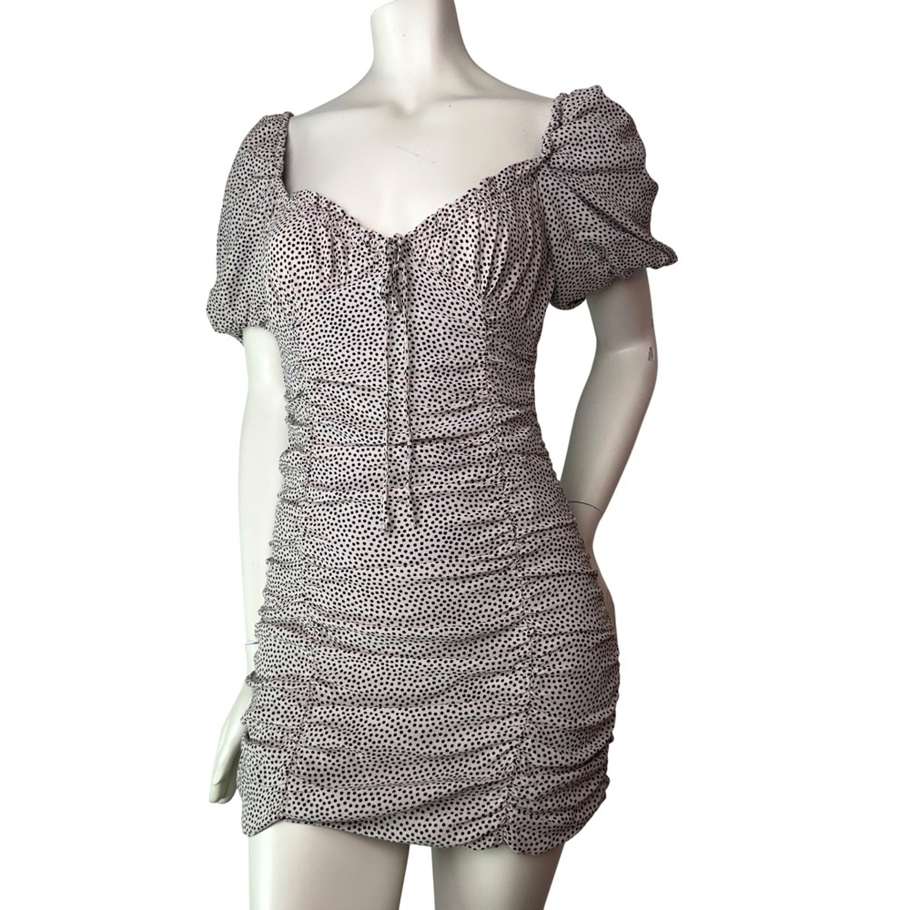 Zara Polka Dot Ruched Puff Sleeve Mini Dress Cream Black Milkmaid Coquette Small